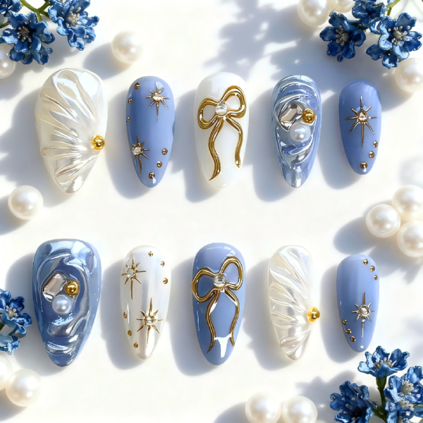 Finished Press-on Nails, Blue Starry Sky Pearl Design