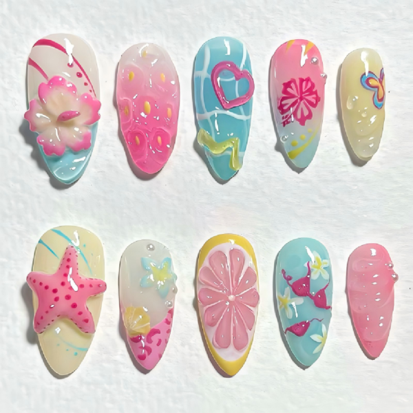 Finished Press-on Nails, Gradient Floral Nail Stickers